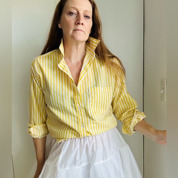 80s yellow striped button-up shirt is a vibrant nostalgic piece of fashion small - Picture 2 of 8